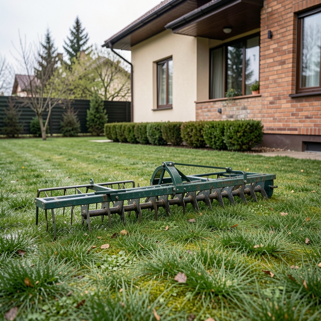 Gardena Rolling Lawn Aerator ваљак-аератор за травњак са металним шиљцима у употреби на зеленом уједначеном травњаку